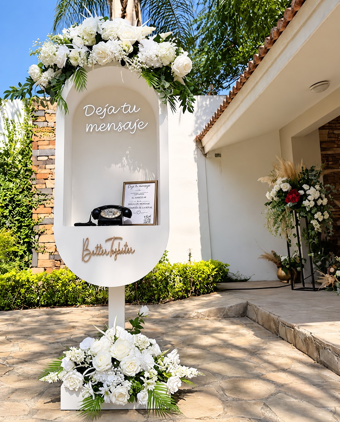 Arco con flores color vino y teléfono vintage del audio guestbook de La Vida